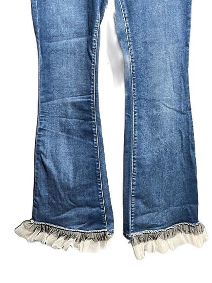 Shein High Waist Frill Contrast Mesh Flare Leg Ruffle Trim Tulle Detail Jeans - Picture 8 of 9